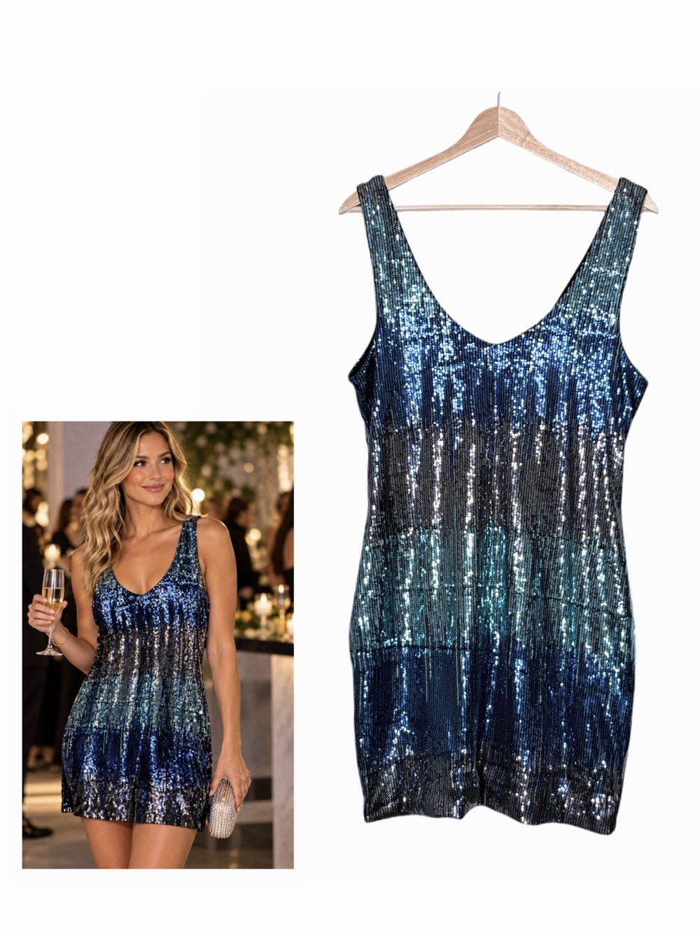As U Wish Blue Silver Ombré Sequin Tank Mini Dress Size XL
